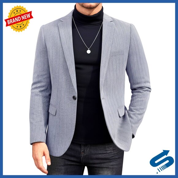 Slim Fit Tweed Blazer Herringbone Pattern One Button Formal Casual